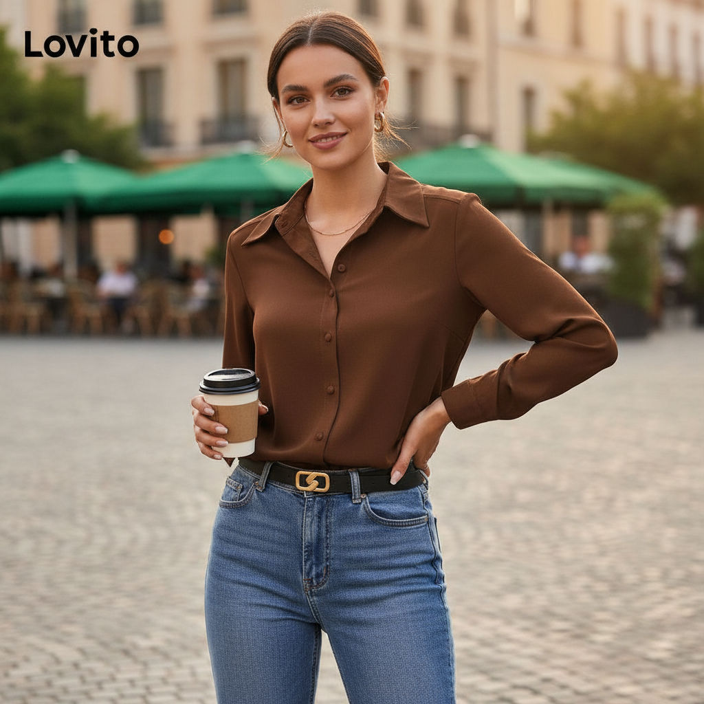 Lovito Blusa Casual Feminina Lisa Botão Frontal LNL298