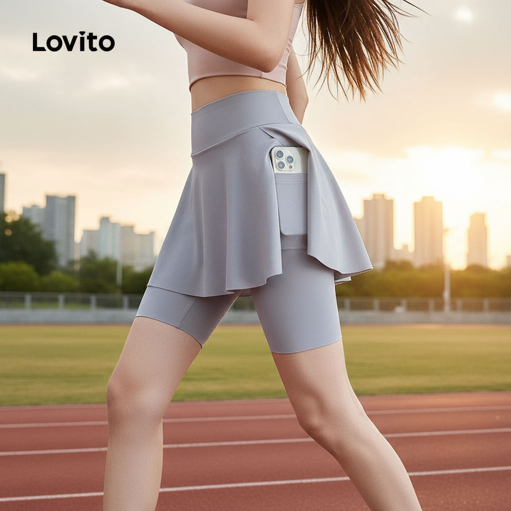 Lovito Shorts Duplo Esportivo para Mulheres Controle de Barriga LNA109077
