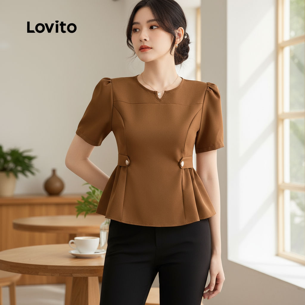 Lovito Elegante Blusa Sofisticada com Botões e Dobras Blusa de Escritório Primavera/Verão Marrom para Mulheres L143ED286
