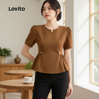 Lovito Elegante Blusa Sofisticada com Botões e Dobras Blusa de Escritório Primavera/Verão Marrom para Mulheres L143ED286