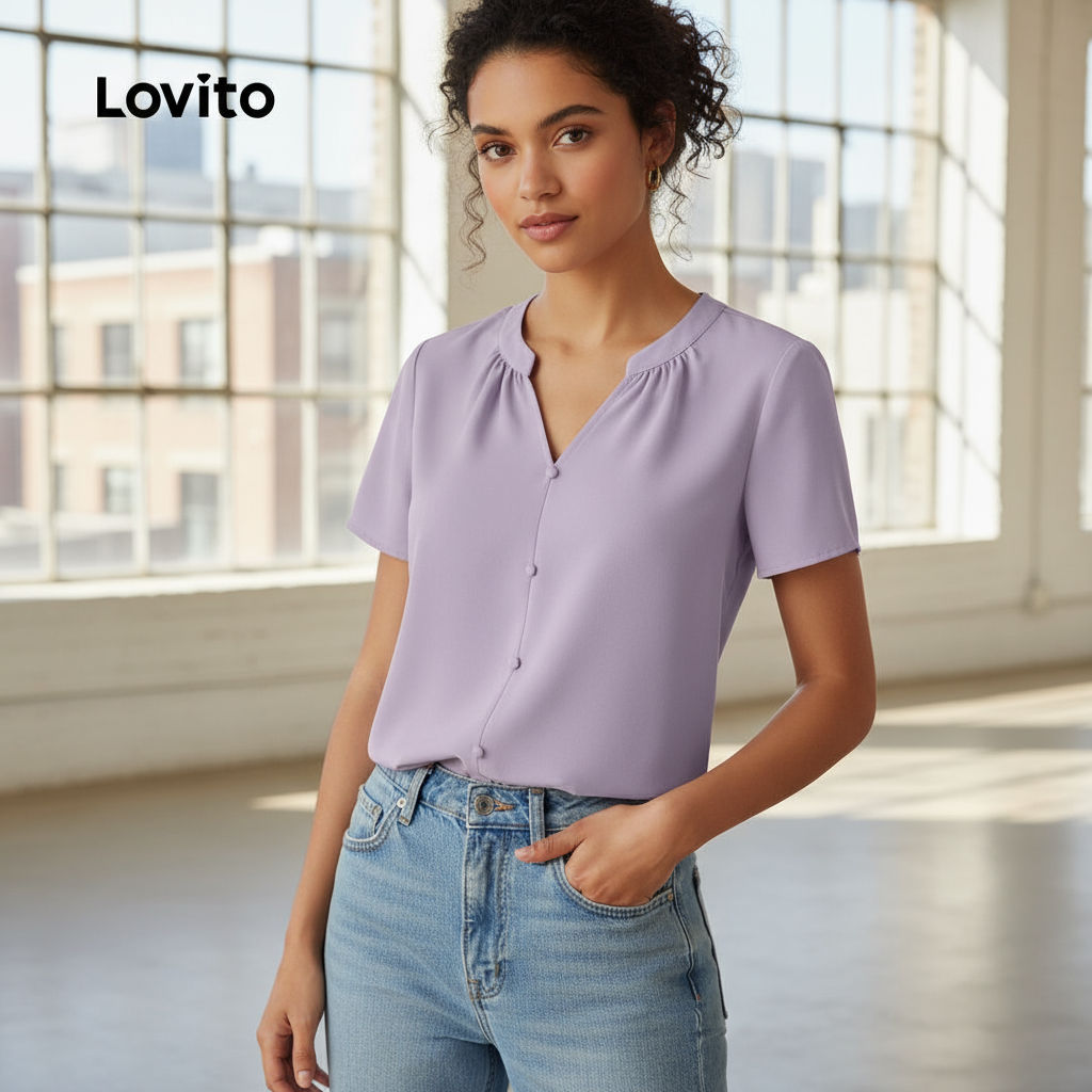 Lovito Blusa Casual Feminina Roxa com Botões para Primavera Verão L143ED109 em Oferta na Shopee