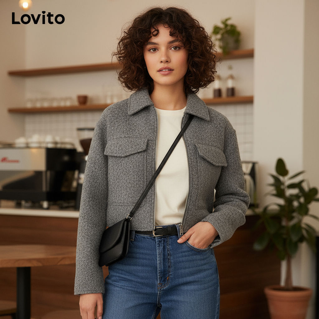 Lovito Casaco Casual Feminino Zíper Bolsos Liso LNL54290 em Oferta na Shopee