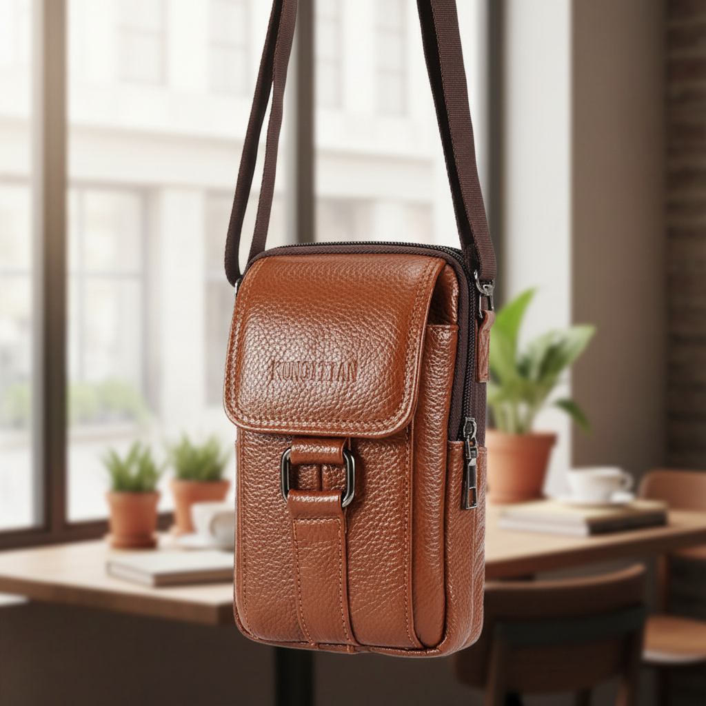 Carteira de Couro Masculina para Cintura - Suporte para Celular com Presilha de Cinto, Pochete Transversal de 3 Bolsos