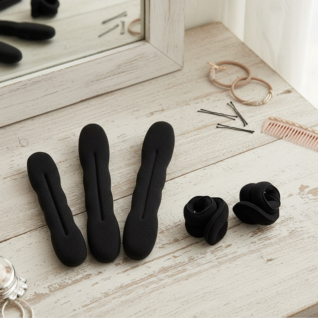  Conjunto de Modelador de Coque para Cabelo Feminino: Esponja para Cachos, Tiara de Plástico, Scrunchie, Modelador de