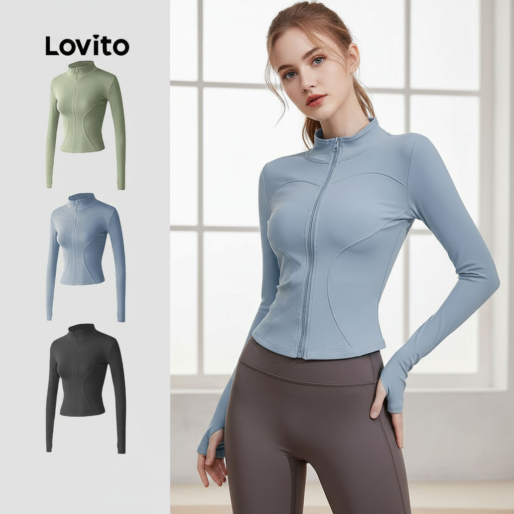 Lovito Jaqueta Esportiva Confortável Elástica Flexível para Yoga Top Modelagem Ajustada Secagem Rápida LNA124047 em Oferta na Shopee