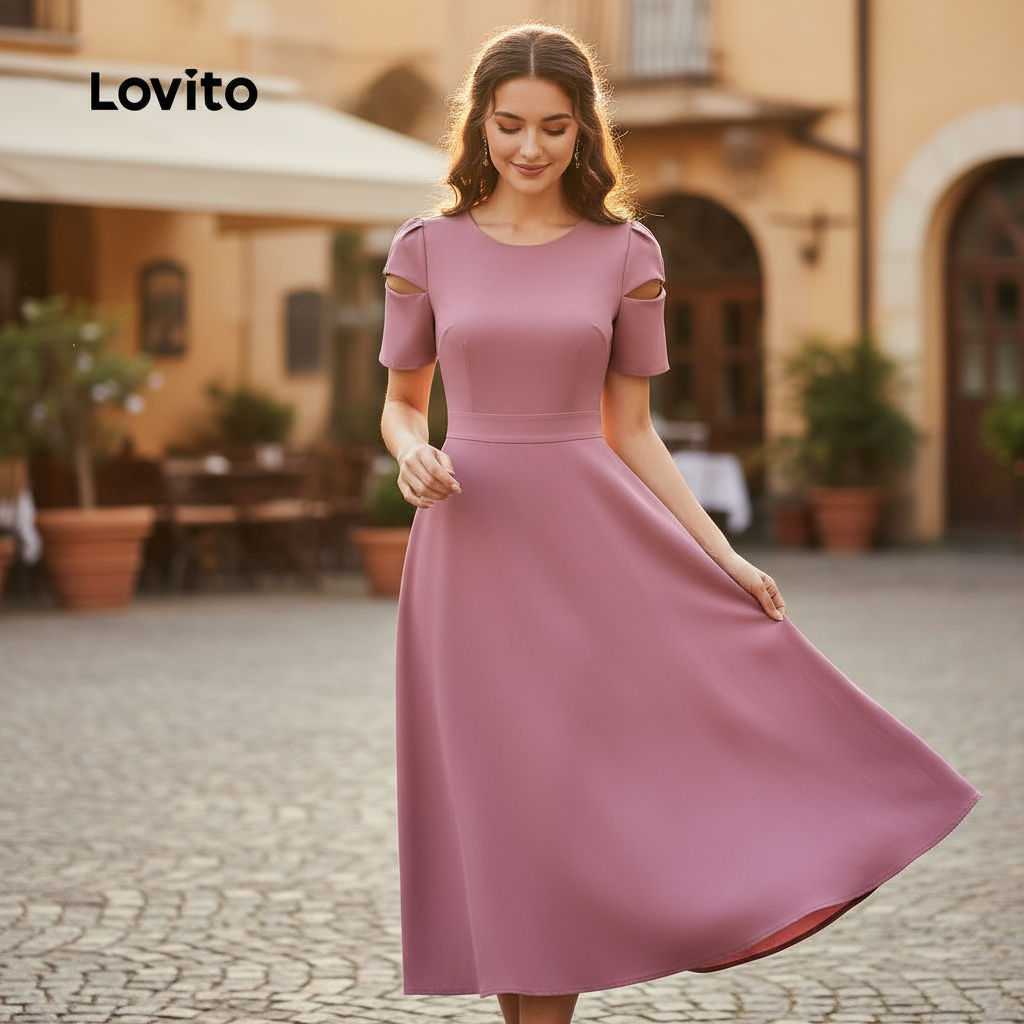 Lovito Vestido feminino Casual com Pregas, Primavera/Verão, Cinza e Rosa, Ref. L158ED469