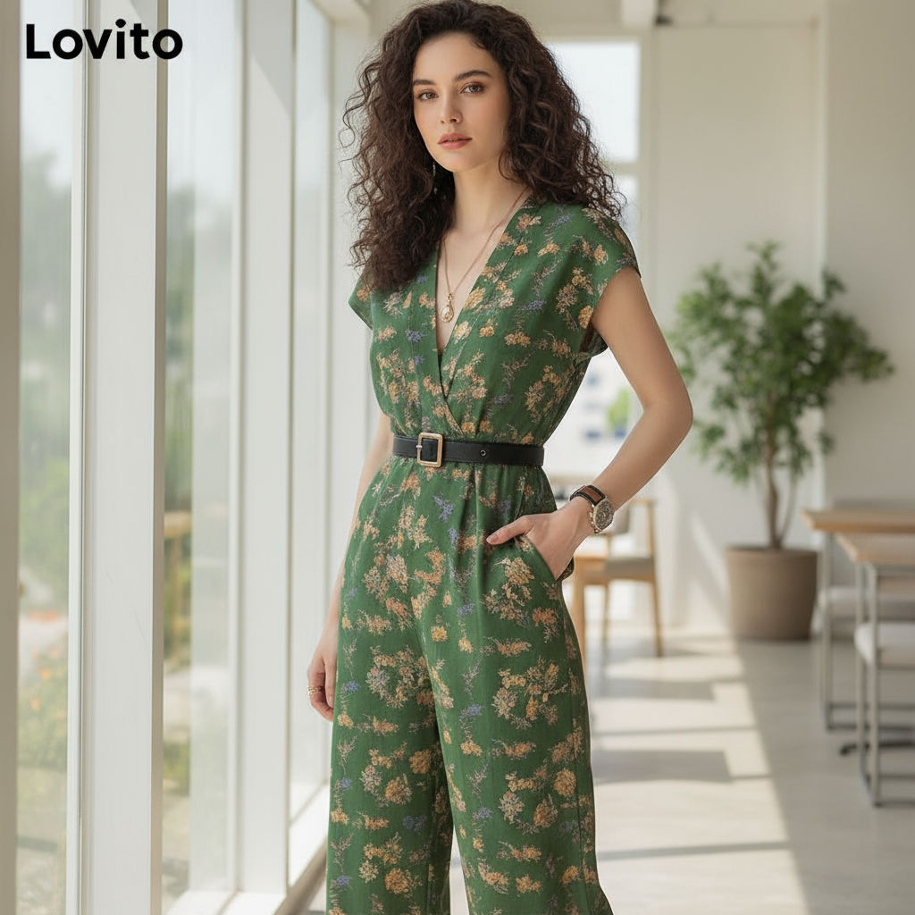 Lovito Macacão Feminino Casual Estampado Floral Alface Com Acabamento Drapeado LNE70506 em Oferta na Shopee