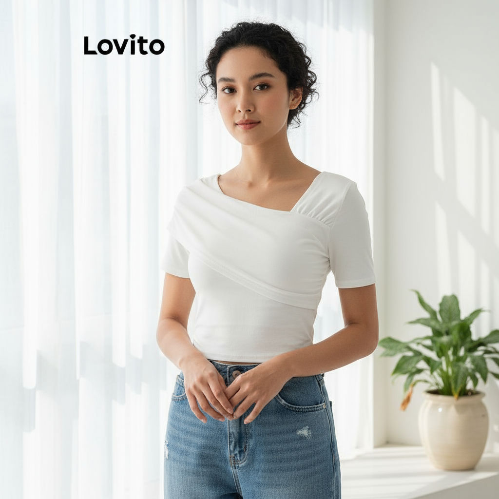 Lovito Blusa Feminina Assimétrica Lisa Casual L99ED1002 em Oferta na Shopee