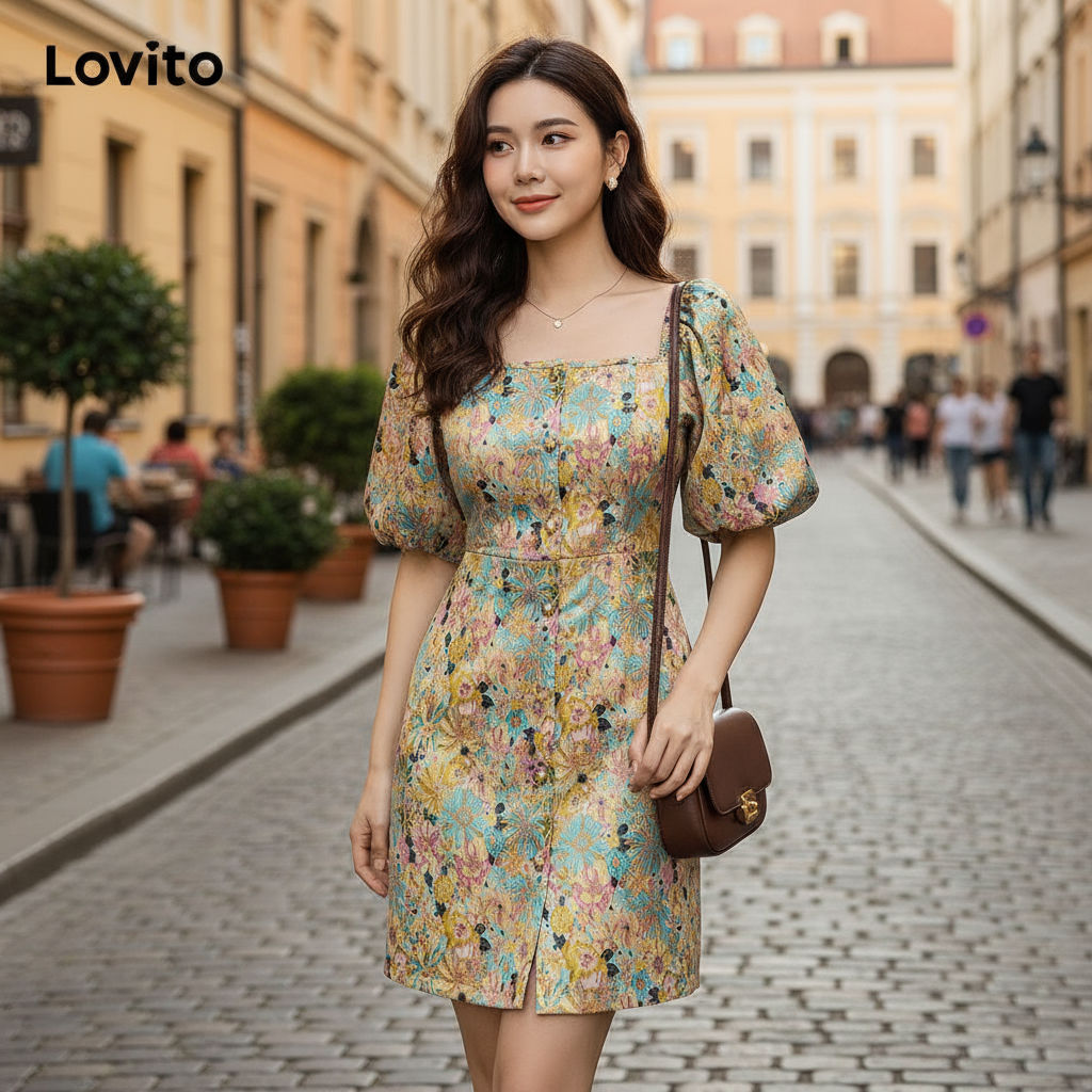 Lovito Refine Vestido Feminino Floral Leve Com Botões Verão Primavera L109MD123 em Oferta na Shopee