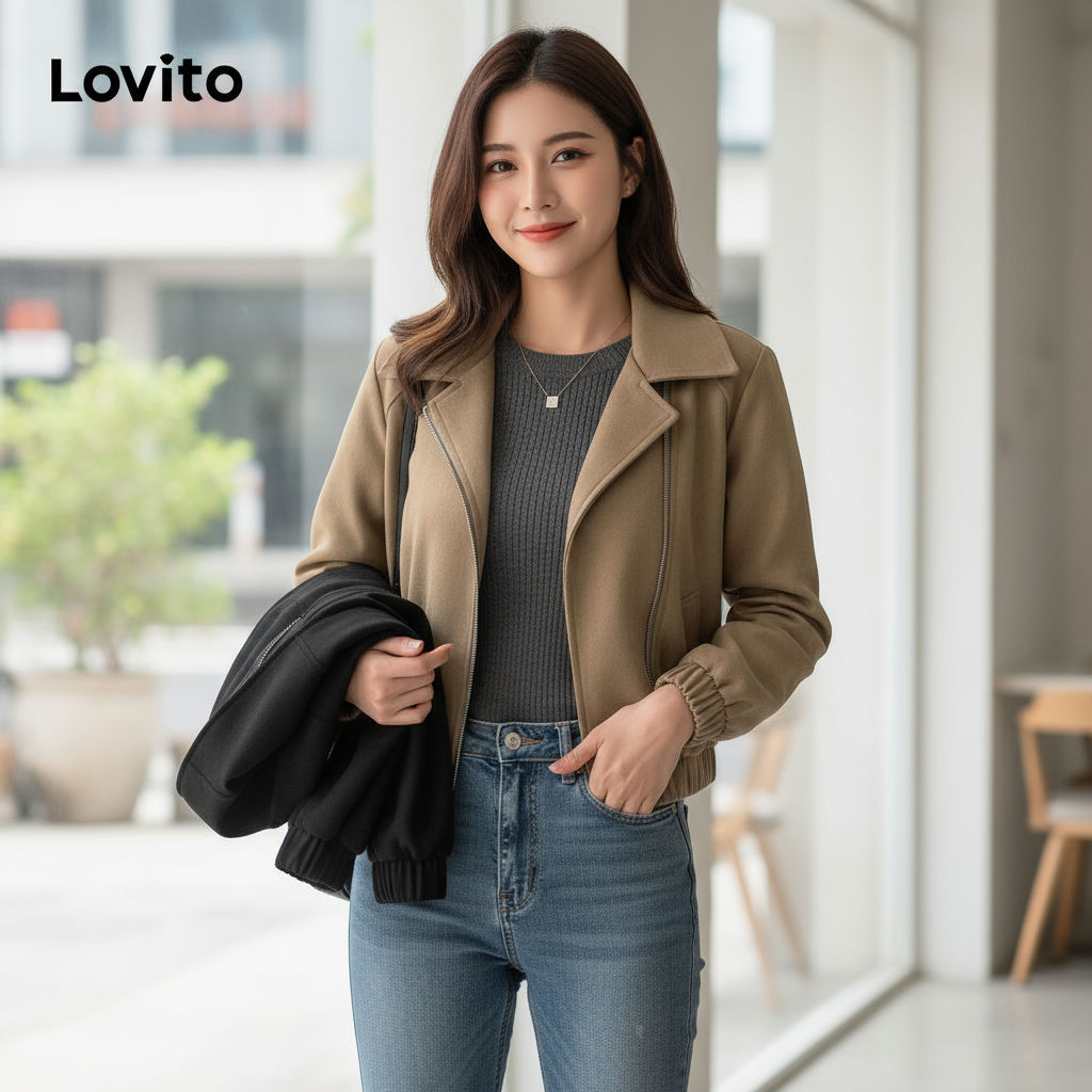 Lovito Jaqueta Feminina Lisa com Zíper para Uso Casual LNE30129 (Marrom) em Oferta na Shopee