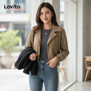 Lovito Jaqueta Feminina Lisa com Zíper para Uso Casual LNE30129 (Marrom) em Oferta na Shopee