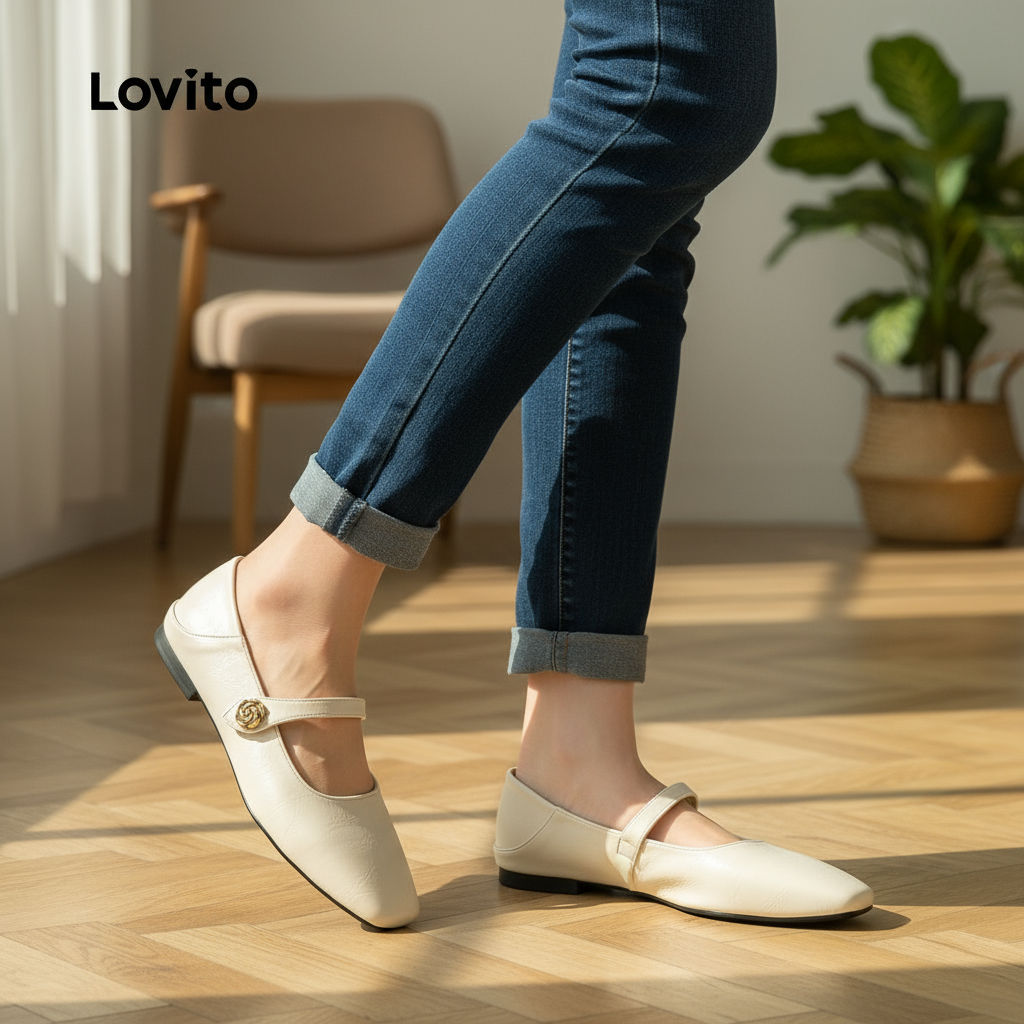 Lovito Sapatilhas de Ballet Estilo Vintage Francês Mary Janes Pretos para Todas as Estações LFA85014