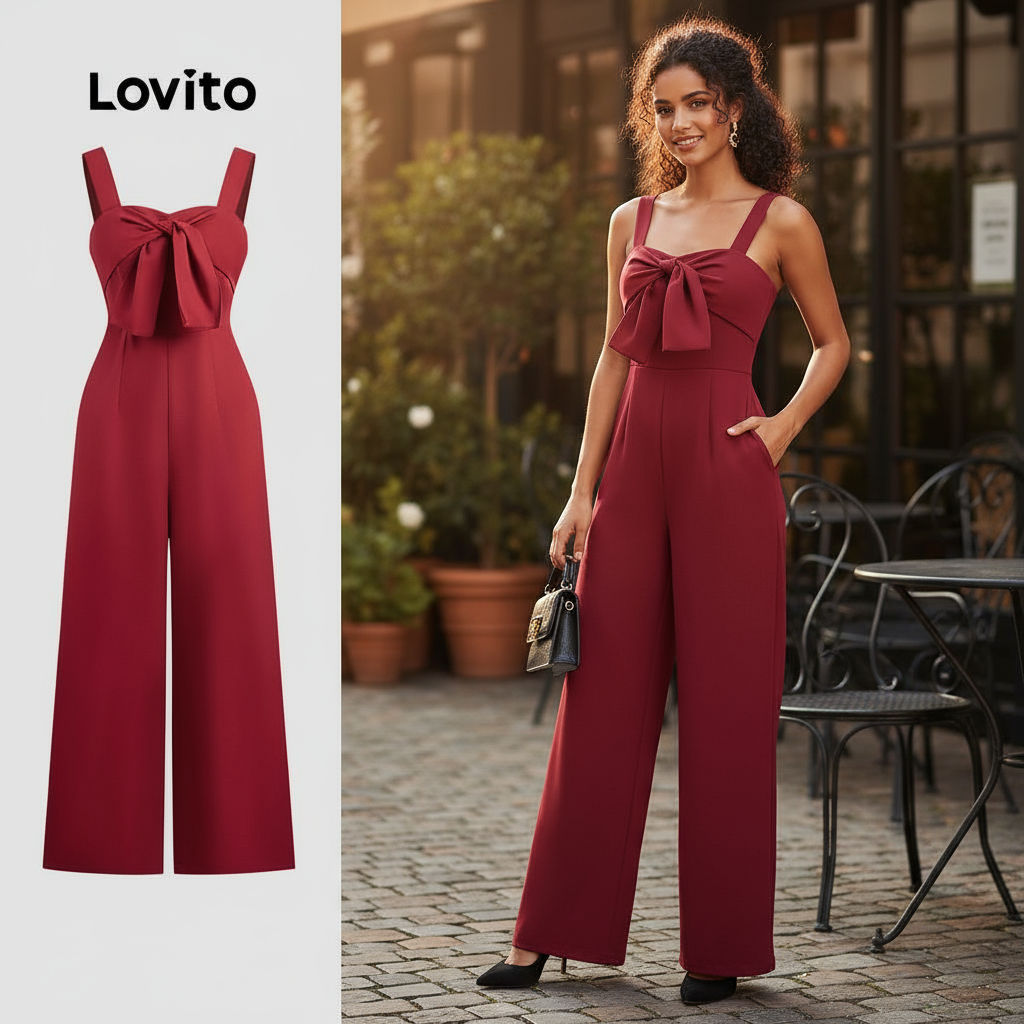 Lovito Macacão Feminino Vermelho Elegante com Laço Frontal para Primavera/Verão L158ED1536 em Oferta na Shopee
