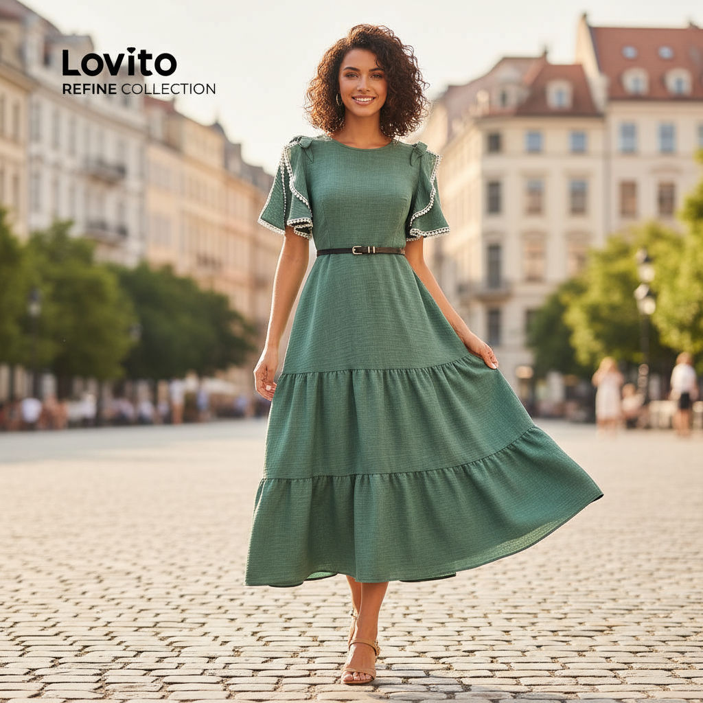 Lovito Refine Vestido Feminino Verde Camadas Elegante Verão Primavera Boa Textura LR12L029 em Oferta na Shopee