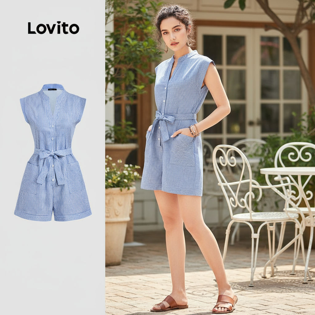 Lovito Macacão Feminino Azul com Amarração Bolsos Verão L243AD658 em Oferta na Shopee