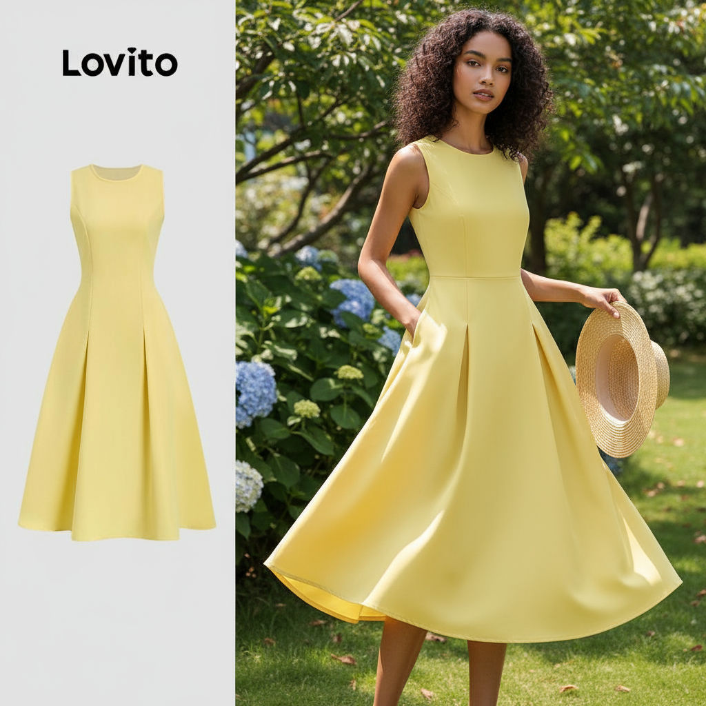 Lovito Vestido Casual Amarelo com Bolso para Mulheres L158AD1685 em Oferta na Shopee