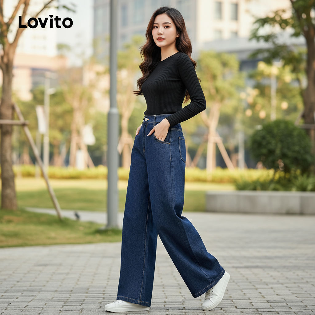 Lovito Calça Feminina com Modelagem Estruturada e Textura Macia Calça Azul Escuro para Todas as Estações LBL26017 em Oferta na Shopee