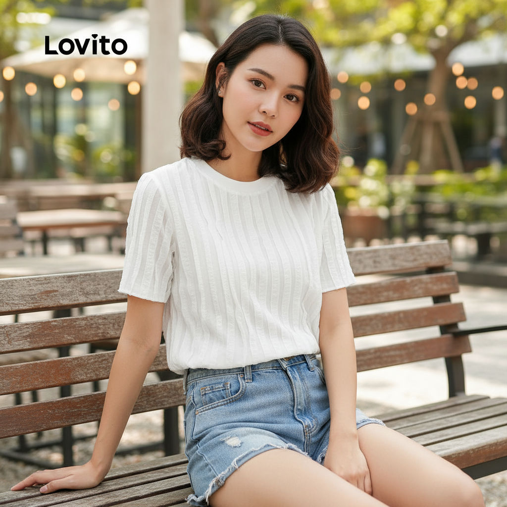 Lovito Refine Camisa Feminina em Jacquard Pliçado para Primavera/Verão Branca L149ED217