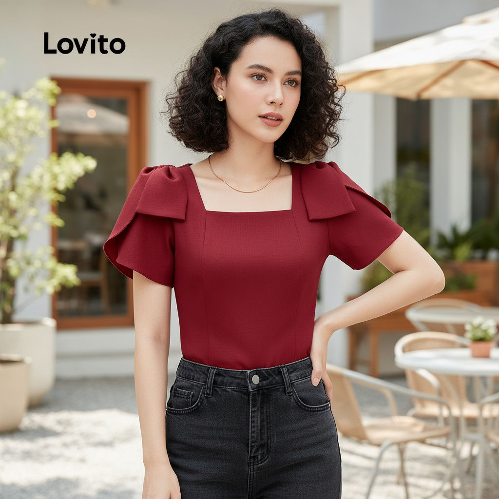 Lovito Camisa Feminina com Laço Estrutura Primavera/verão Blusa Claret Elegante L158ED591 em Oferta na Shopee