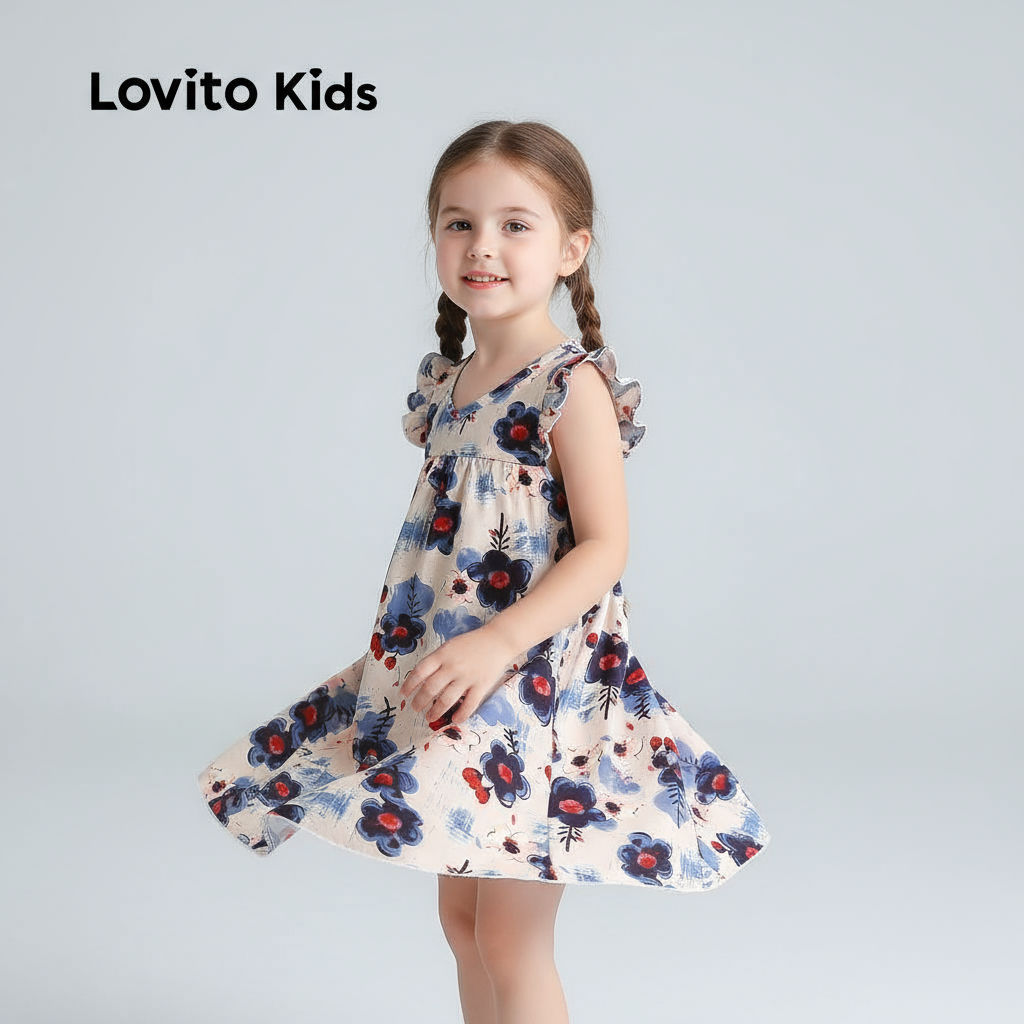 Lovito Crianças Vestido Sofisticado com Babados Florais Primavera/Verão Vestido Multicolorido para Menina LNL119349 em Oferta na Shopee