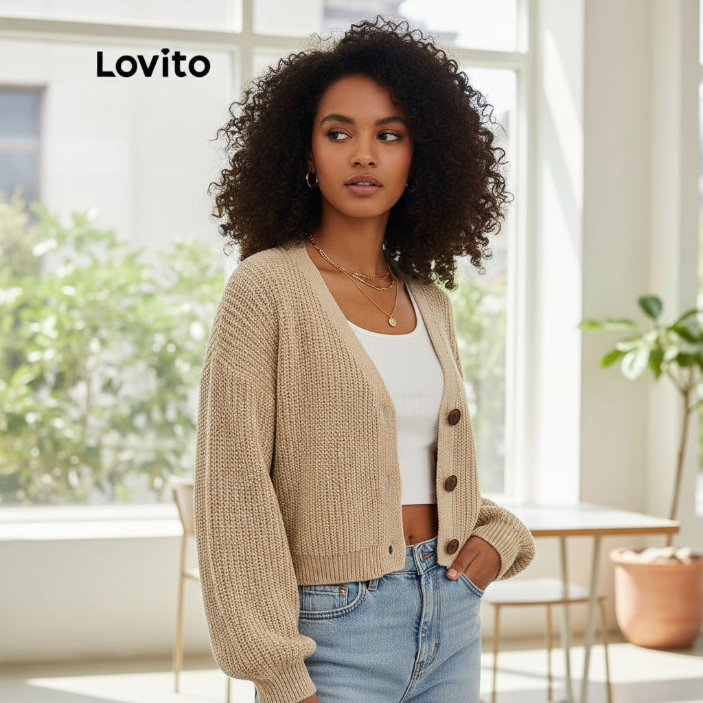 Lovito Cardigans Lisos Manga Longa Com Botões E Tricot Para Mulheres L21LT091 (Caqui/Branco) em Oferta na Shopee