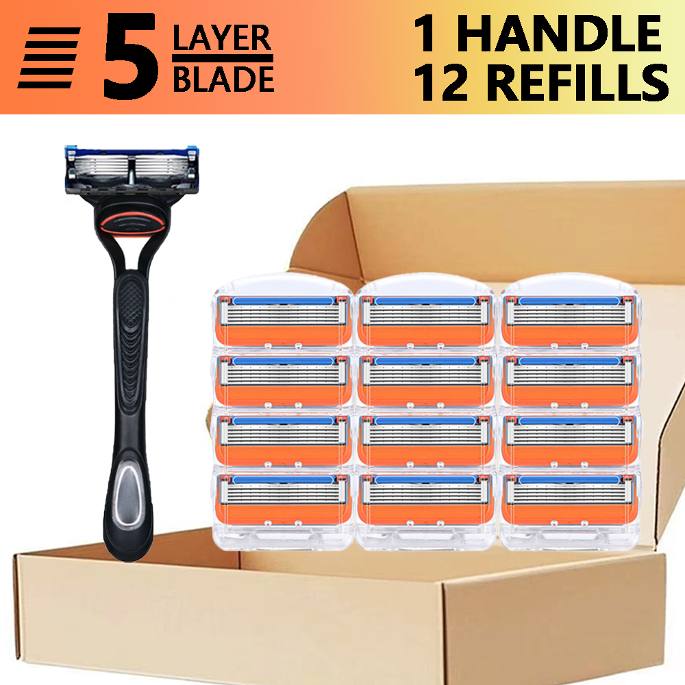 Barbeador manual masculino, 1 cabo + 12 lâminas, lâminas de aço inoxidável de 5 camadas - reutilizáveis, laváveis, cabo