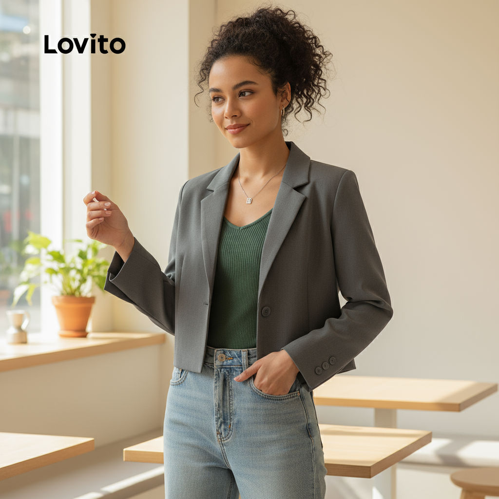 Lovito Blazer Sofisticado para Mulheres Outono/Inverno em Cinza LNA113024 em Oferta na Shopee