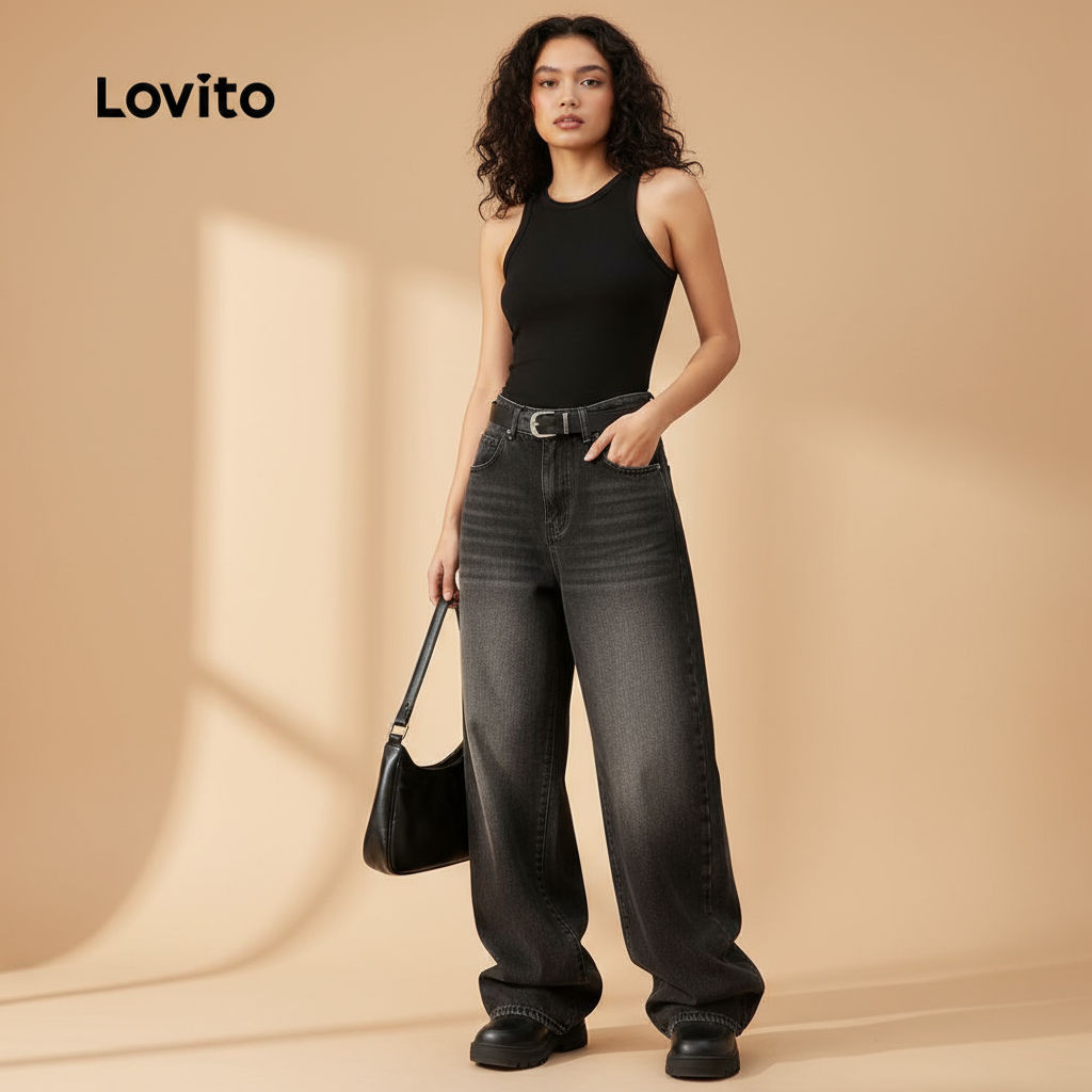 Lovito Jeans feminino casual com lavagem natural simples 102AD449 em Oferta na Shopee