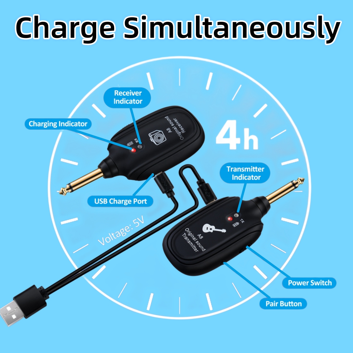 Miwayer A8 Sistema de Transmissor e Receptor de Guitarra Sem Fio 2.4GHz/Baixa Latência/Recarregável/Áudio