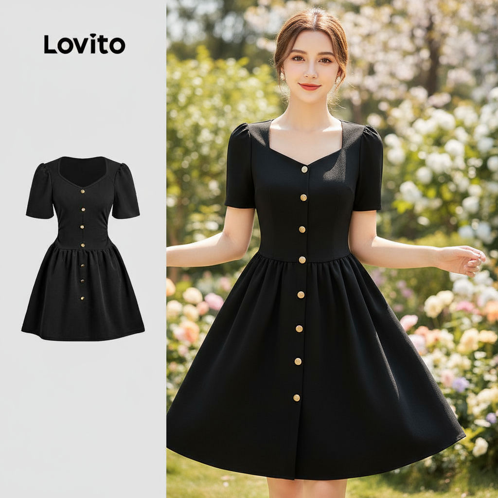 Lovito Refine Vestido Elegante Botão Primavera Verão Feminino Preto L143ED158 em Oferta na Shopee