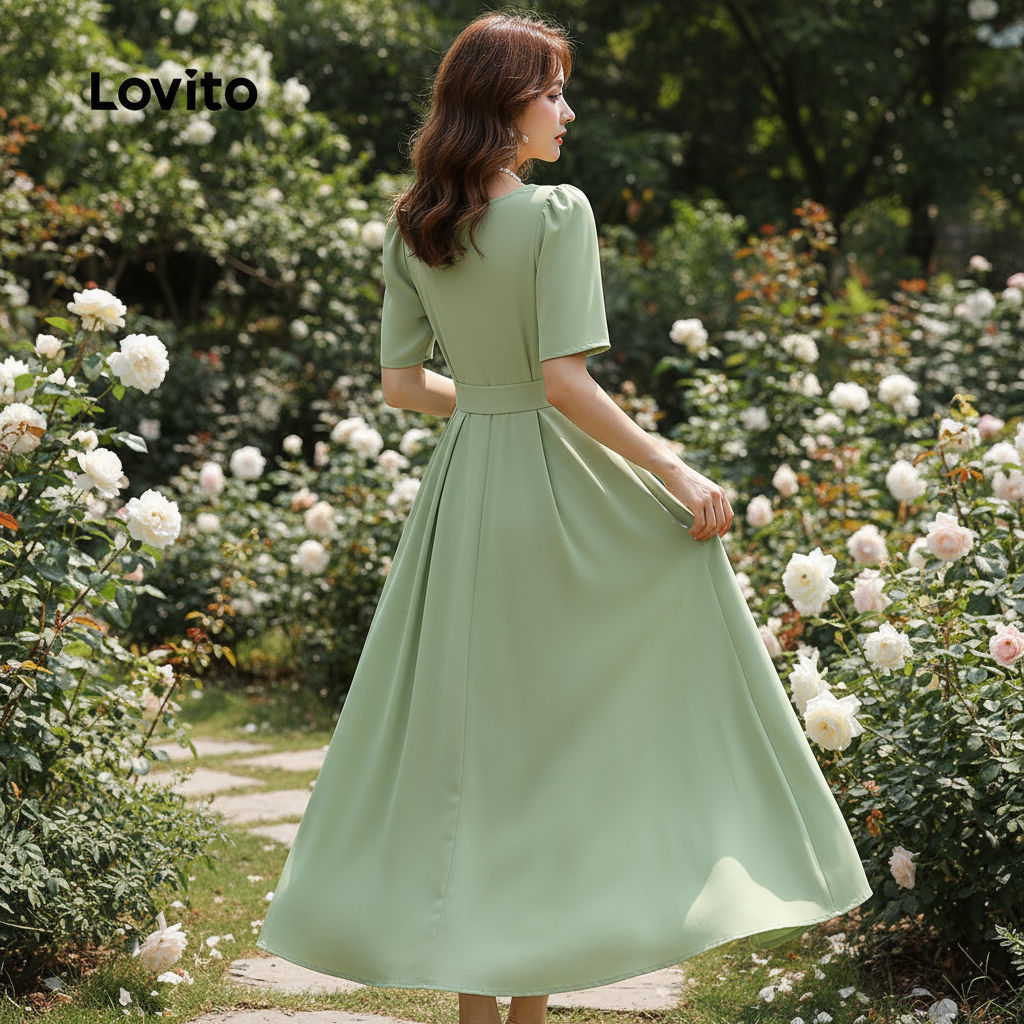 Lovito Refine Vestido Cruzado Plissado Verde Verão Feminino L137ED153