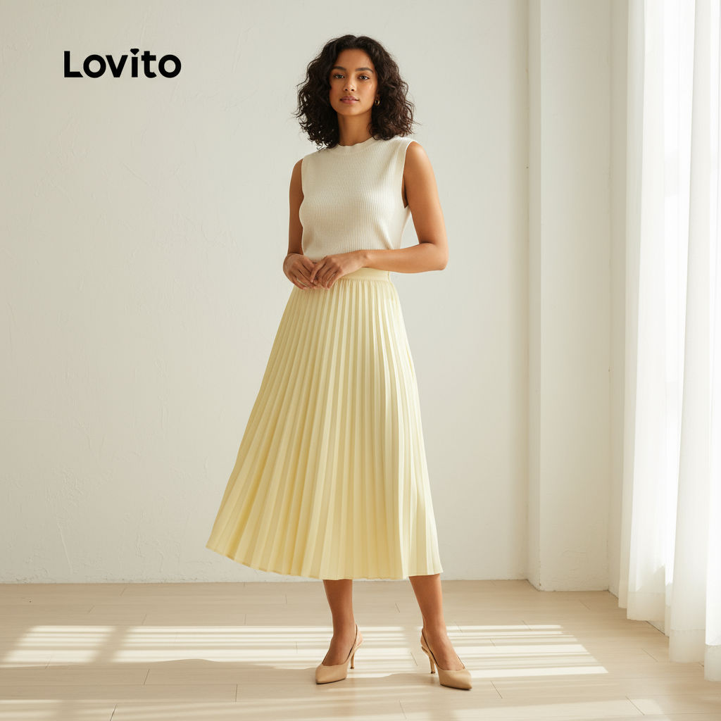 Lovito Saias Femininas Amarelas Primavera Verão Com Zíper E Cinto Plissado Casual Para Mulheres LBL26592 em Oferta na Shopee