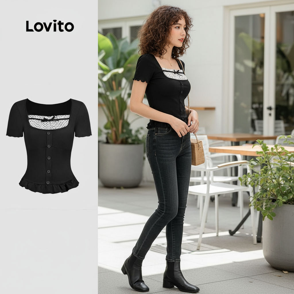 Lovito Refine Camisa Casual 2 em 1 com Laço e Faixa de Mola Verão Camiseta preta L139AD016 em Oferta na Shopee