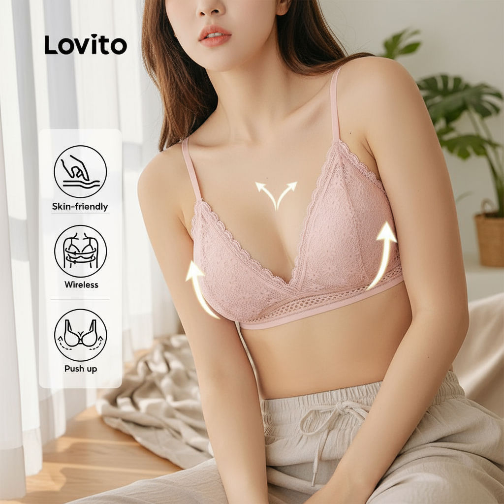 Lovito Refine Sutiã Sexy De Renda Respirável Com Pele Macia E Renda Rosa Para Mulheres LNE107007 em Oferta na Shopee