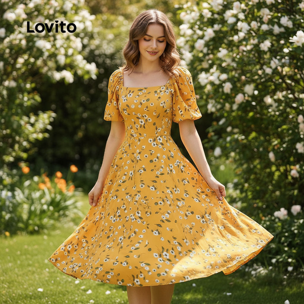 Lovito Refine Vestido Boho De Natal Com Zíper, Primavera/verão, Amarelo, Para Mulheres LBL29324 em Oferta na Shopee