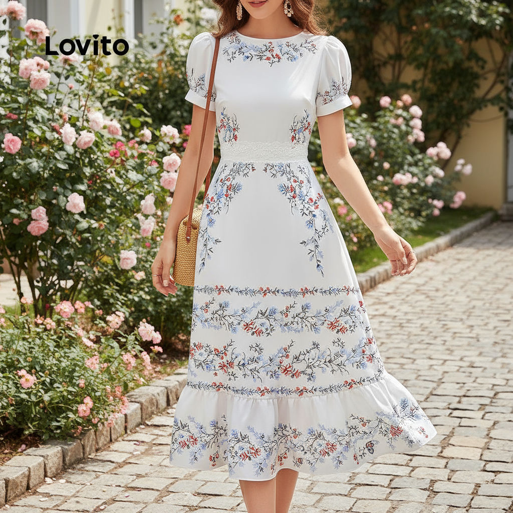 Lovito Refine Vestido de Renda e Babados Borda Primavera/Verão Vermelho para Mulheres LBL29339 em Oferta na Shopee