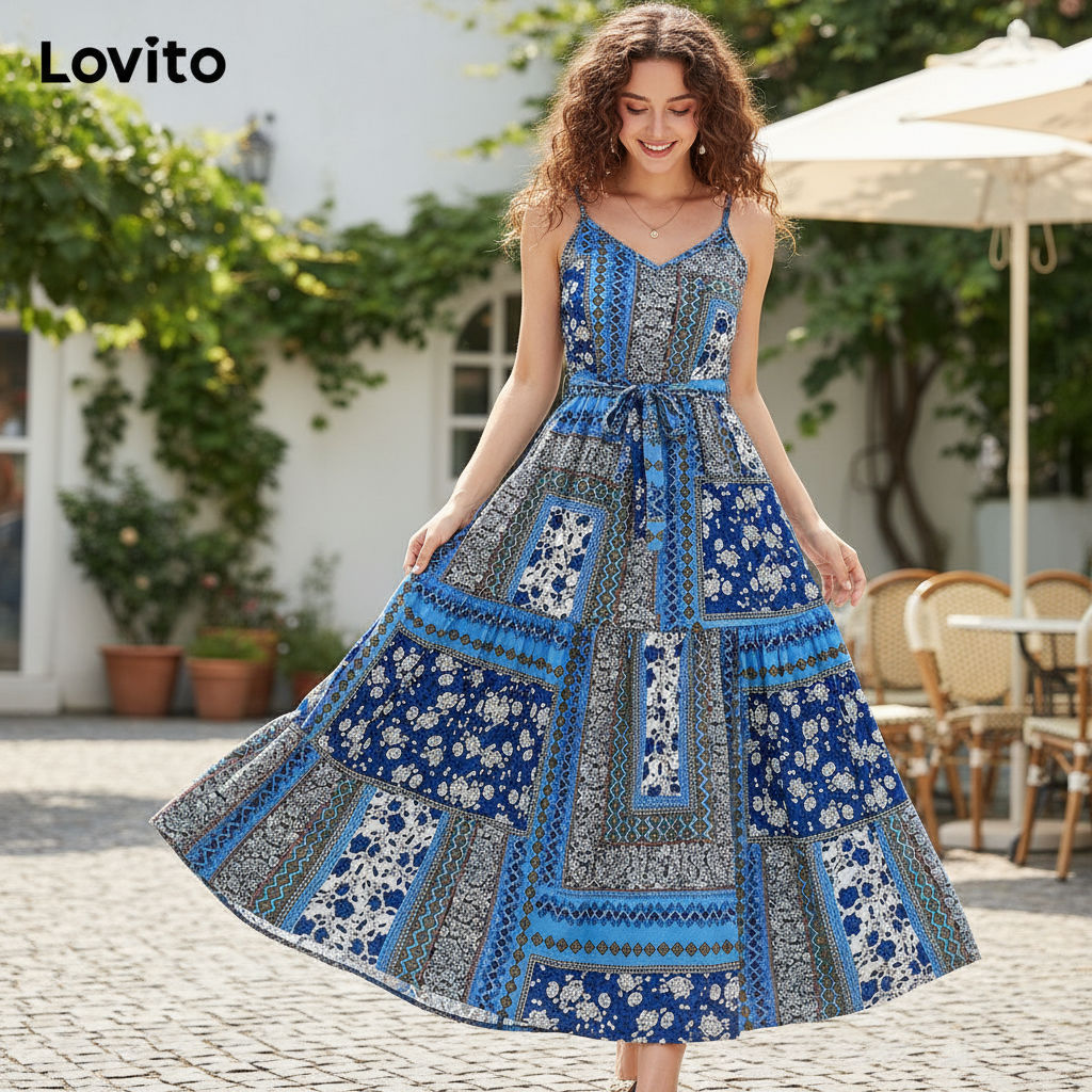 Lovito Refine Vestido Casual Estampa Tribal Verão/Primavera com Cinto Feminino L109MD678 em Oferta na Shopee