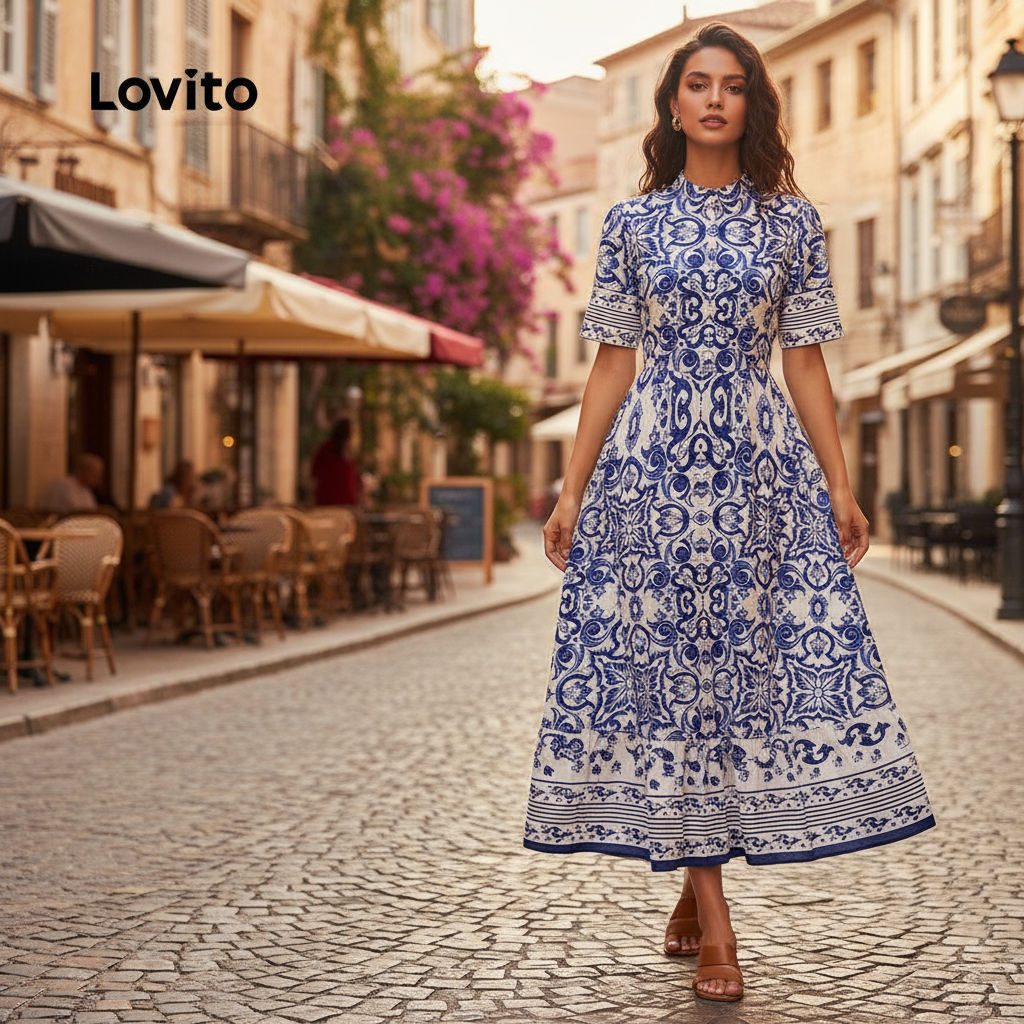 Lovito Vestido Boho Feminino com Drapeado Estilo Nacional Primavera Verão L155AD396