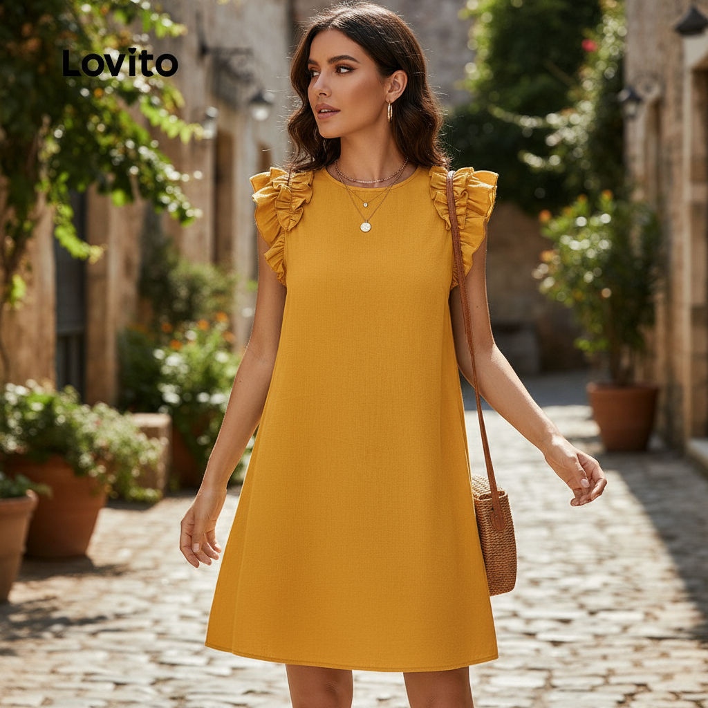 Lovito Vestido Casual Feminino com Babados para Primavera Verão Amarelo L157LD051
