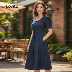 Lovito Elegante Vestido Feminino Azul Marinho com Botões Primavera Verão para Mulheres L158AD200