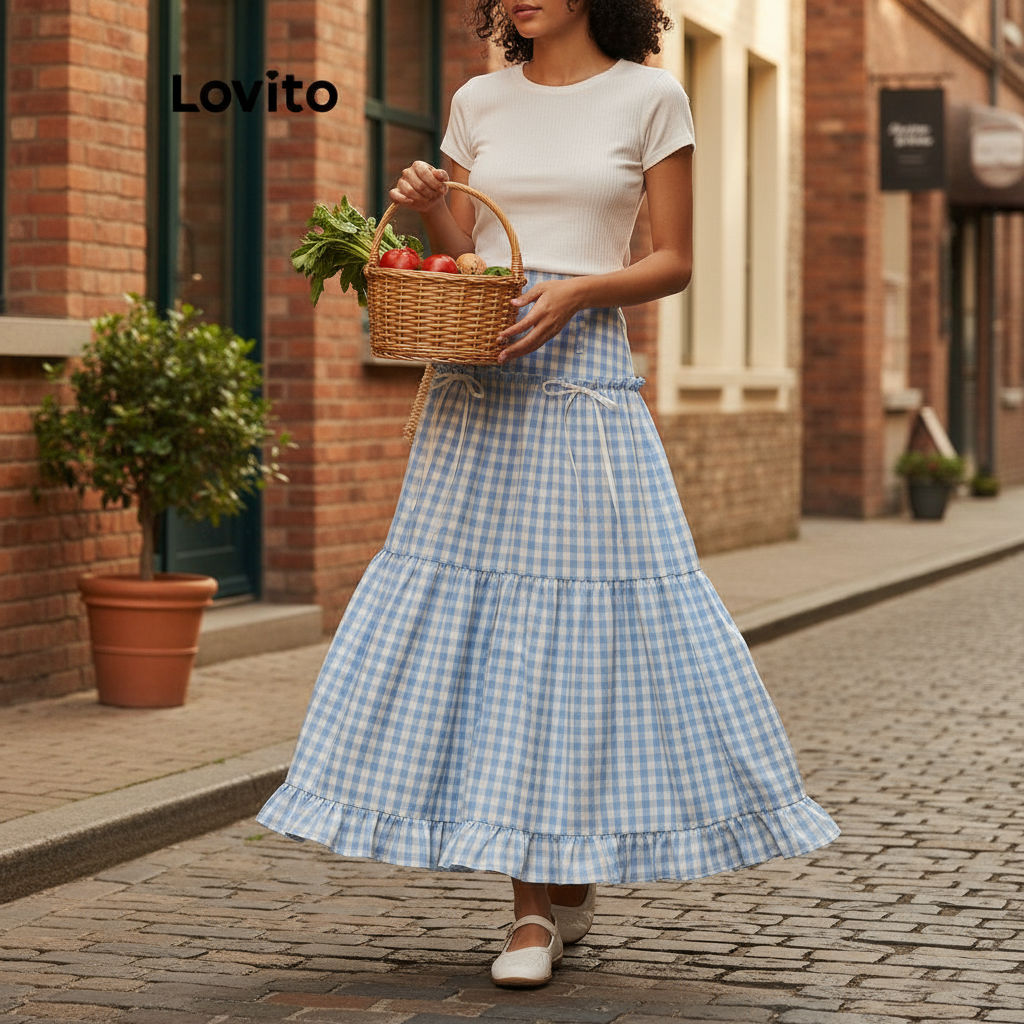 Lovito Saias Fofas Saia Xadrez Com Gravata Frontal Para Mulheres L114AD012 em Oferta na Shopee