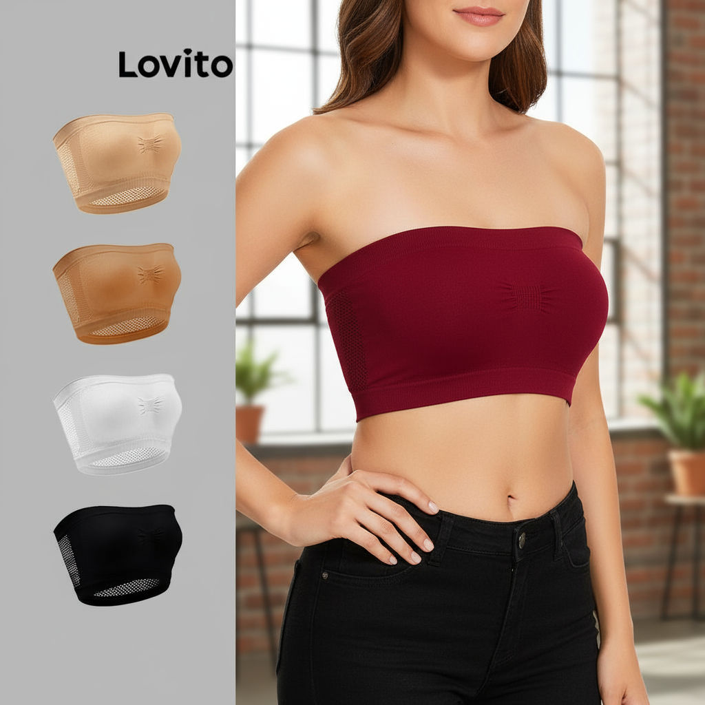 Lovito Sutiã Básico Curva Plus Size Liso Plissado Para Mulheres LNE29022 (Damasco/Branco/Borgonha/Preto) em Oferta na Shopee