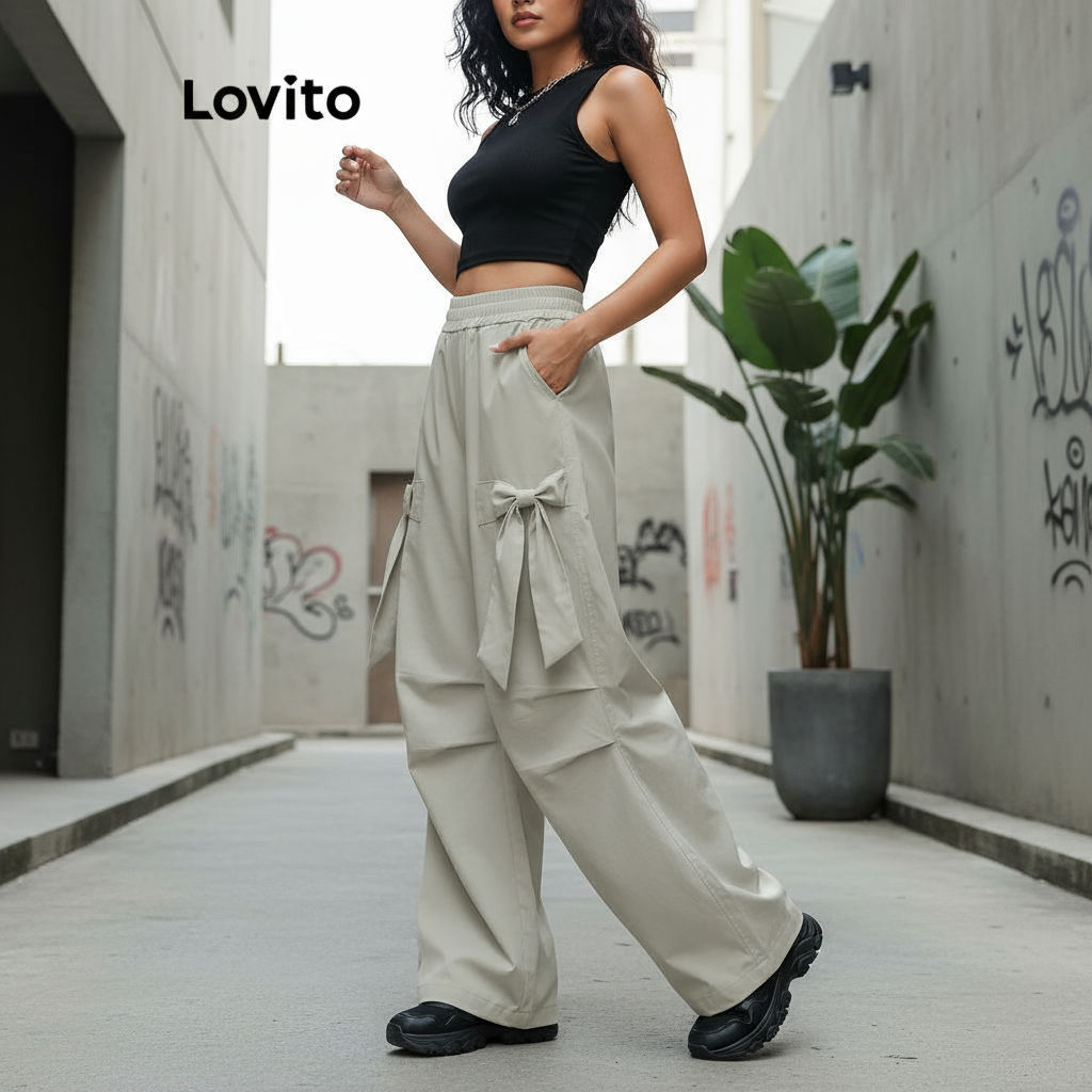 Lovito Calça Feminina Sofisticada de Laço Liso e Plissado LNE69381 em Oferta na Shopee