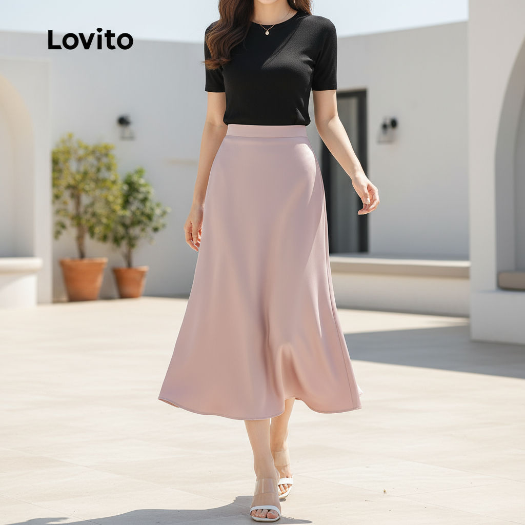 Lovito Saias Sofisticadas Saia Lisa Feminina LNE38110 (Apricot/Cinza Claro/Roxo Claro/Verde Claro/Branco/Rosa) em Oferta na Shopee