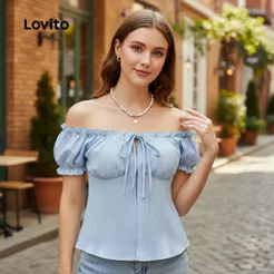 Lovito Férias Blusa Feminina Rosa com Renda e Laço para Primavera Verão Bordado L139AD009