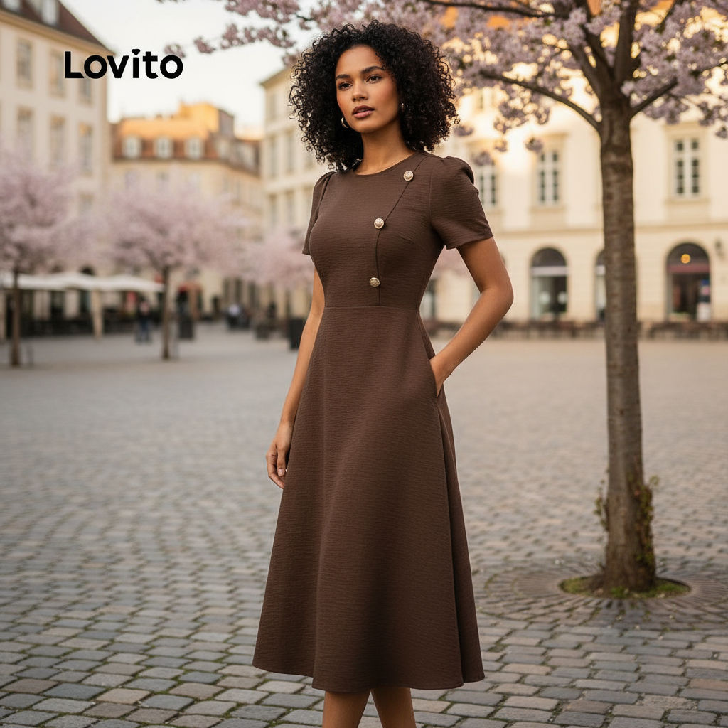 Lovito Vestido Casual Assimétrico Marrom para Mulheres L149ED166