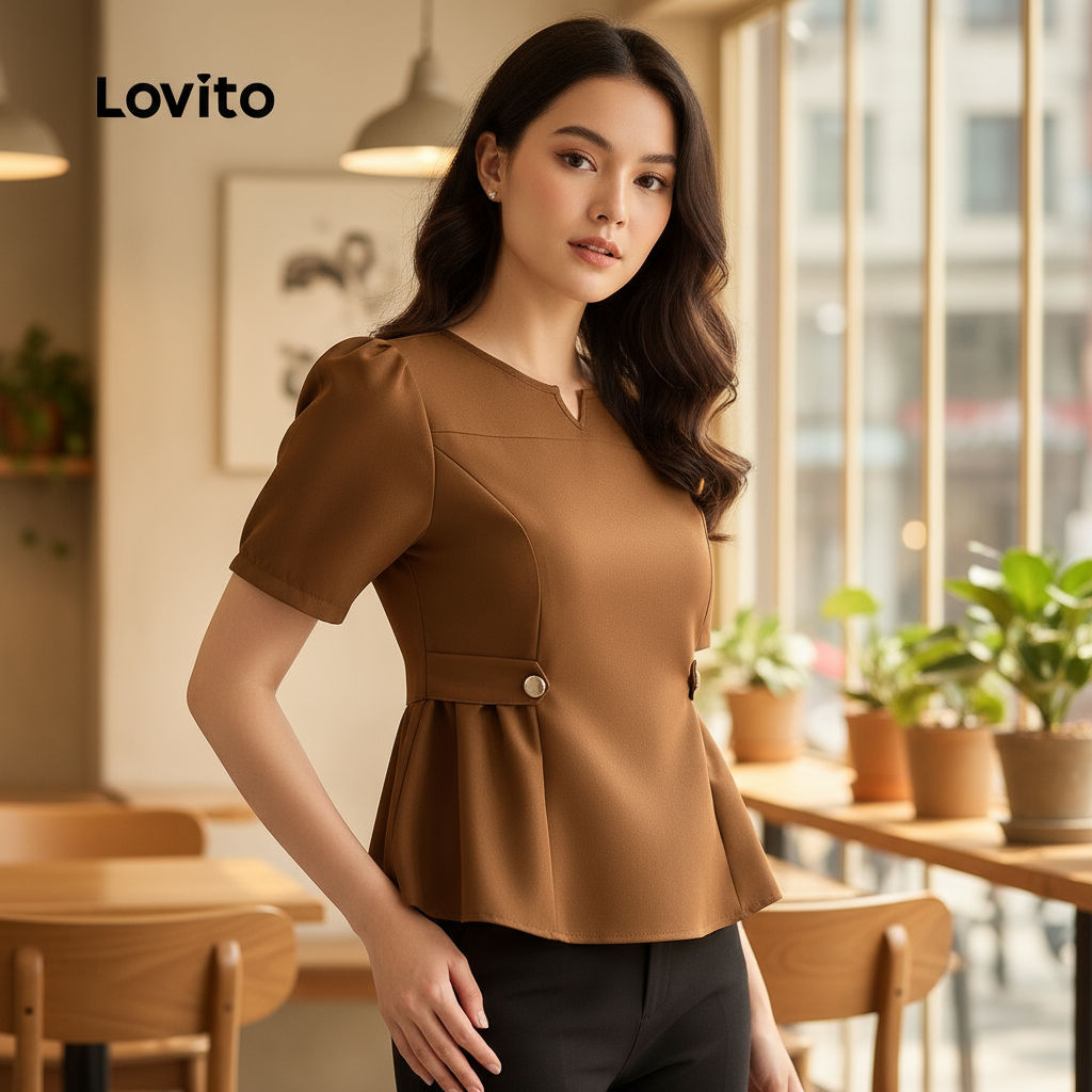 Lovito Elegante Blusa Sofisticada com Botões e Dobras Blusa de Escritório Primavera/Verão Marrom para Mulheres L143ED286