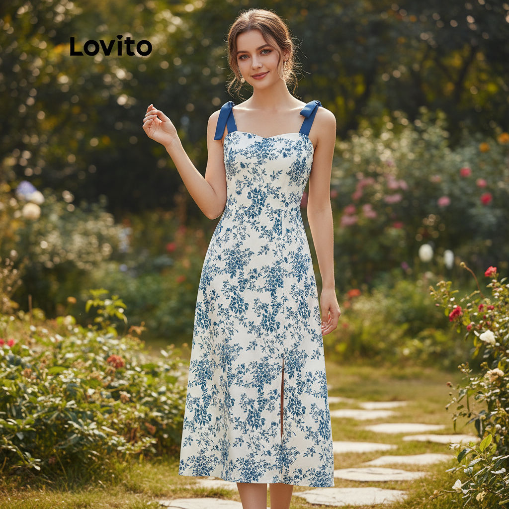 Lovito Refine Vestido Feminino Casual Estampa Floral Fita Contraste Frente Aberta Verão/Primavera L56ed110 (azul) em Oferta na Shopee