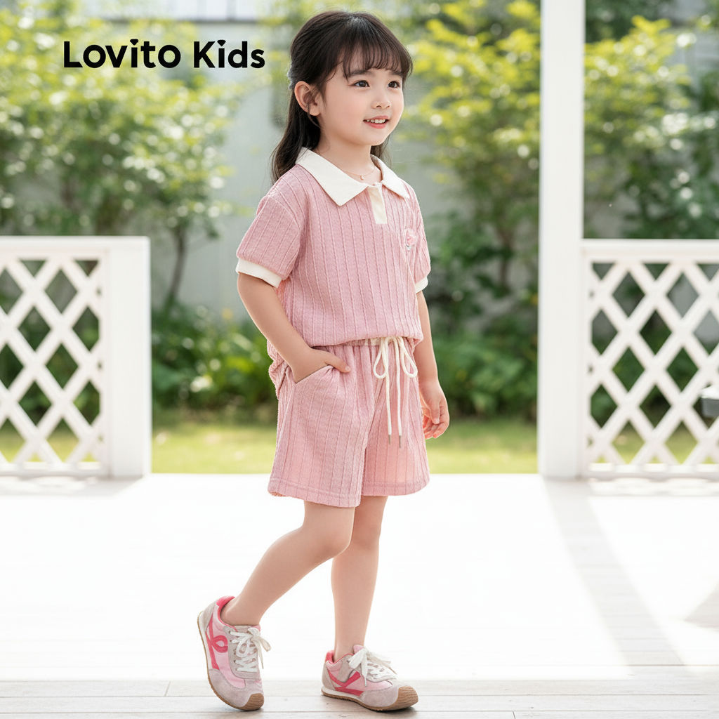 Lovito Kids Conjunto de Shorts com Blocos de Cores e Laço Primavera/verão Rosa LNL119175 em Oferta na Shopee