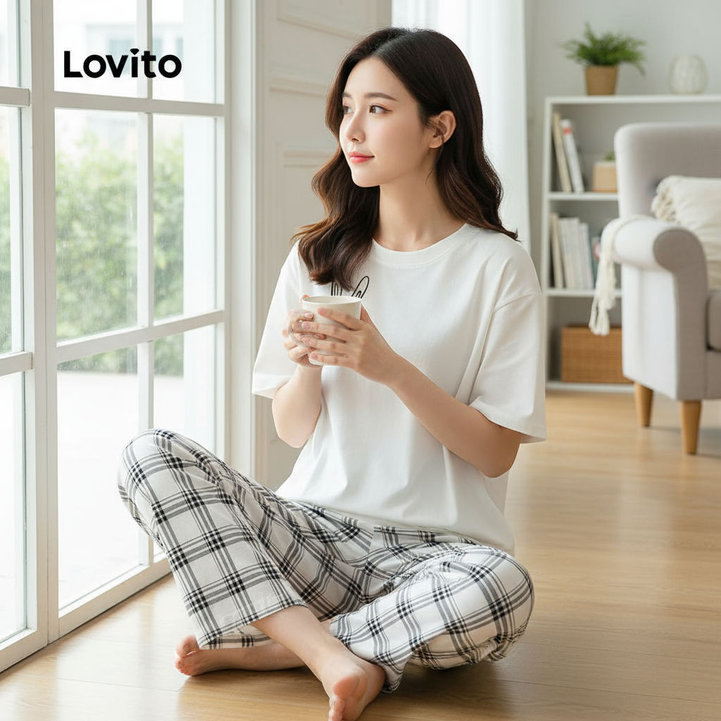 Lovito Conjunto Pijama Feminino 2 Peças Macio Casa e Praia Doce Filha Mãe Verão LNE121069 em Oferta na Shopee